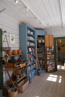Butik med hyllor fyllda med hantverk och kuriosa