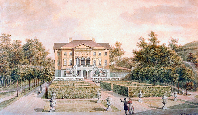 En målad bild av Gunnebo slott och trädgårdar som ska föreställa slottet på 1700-talet.
